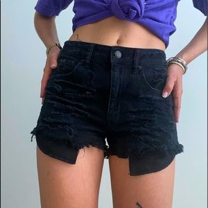 American eagle black distressed vintage high rise festival denim shorts, size 2